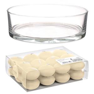 Trend Candles Cadeau set Lage luxe vaas 25 cm met creme witte drijfkaarsen -