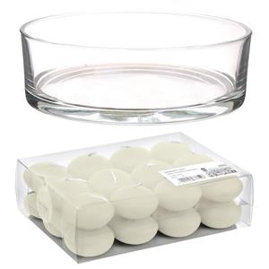 Trend Candles Cadeau set Lage luxe vaas 25 cm met ivoorwitte drijfkaarsen -