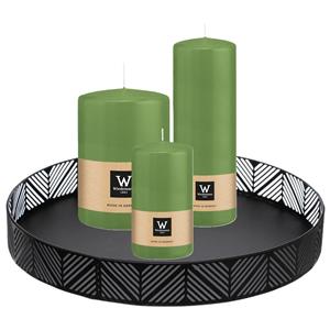 Wiedemann Cilinderkaarsen/stompkaarsen - set van 3 op dienblad - lichtgroen - 6 x 12/10x15/7x20 cm -