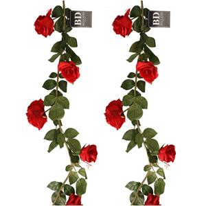Bellatio Design Kunstbloemen slinger rozen Emily - 2x - 145 cm - rood - guirlande - decoratie - bruiloft versiering -