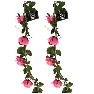 Bellatio Design Kunstbloemen slinger rozen Emily - 2x - 145 cm - roze - guirlande - decoratie - bruiloft versiering -