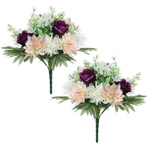 Louis Maes Kunstbloemen boeket roos/dahlia - 2x stuks - paars/creme - H36 cm - Bloemstuk - Bladgroen -