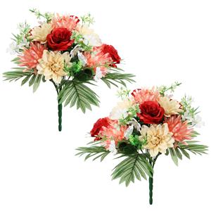 Louis Maes Kunstbloemen boeket roos/dahlia - 2x stuks - rood/zalm - H36 cm - Bloemstuk - Bladgroen -