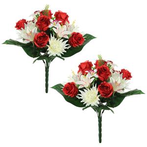 Louis Maes Kunstbloemen boeket roos/orchidee/chrysant - 2x stuks - rood/wit - H36 cm - Bloemstuk - Bladgroen -
