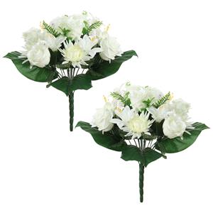 Louis Maes Kunstbloemen boeket roos/orchidee/chrysant - 2x stuks - wit - H36 cm - Bloemstuk - Bladgroen -