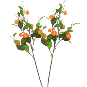 DK Design Kunstbloem citrusfruit tak mandarijn/clementine - 2x - 90 cm - oranje - losse steel - Kunst zijdeblo -