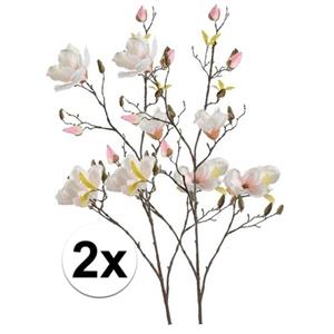 Bellatio flowers & plants Kunstbloem Magnolia tak - 2x - 105 cm - creme wit/roze - Kunst zijdebloemen -