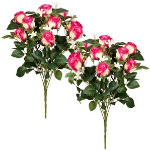 Louis Maes Kunstbloemen boeket rozen met bladgroen - 2x - cerise - H49 cm - Bloemstuk -