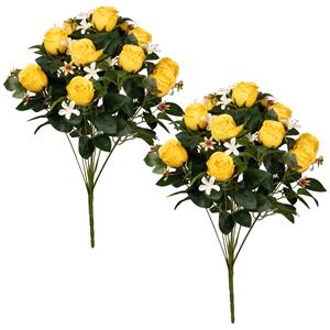 Louis Maes Kunstbloemen boeket rozen met bladgroen - 2x - geel - H49 cm - Bloemstuk -