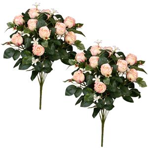 Louis Maes Kunstbloemen boeket rozen met bladgroen - 2x - lichtroze - H49 cm - Bloemstuk -