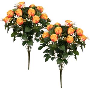 Louis Maes Kunstbloemen boeket rozen met bladgroen - 2x - oranje - H49 cm - Bloemstuk -