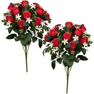 Louis Maes Kunstbloemen boeket rozen met bladgroen - 2x - rood - H49 cm - Bloemstuk -