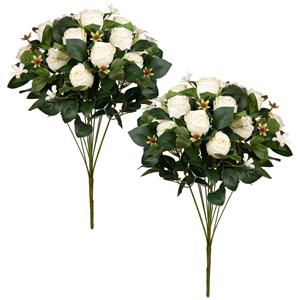 Louis Maes Kunstbloemen boeket rozen met bladgroen - 2x - wit - H49 cm - Bloemstuk -