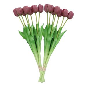 DK Design Kunst tulpen boeket - 14x stuks - aubergine paars - real touch - 43 cm -