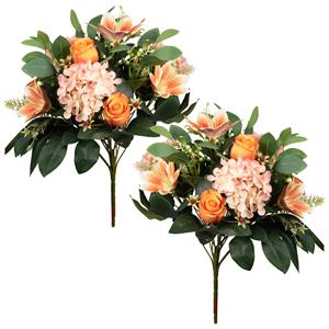 Louis Maes Kunstbloemen boeket roos/hortensia/lelie - 2x - oranje/zalm - H39 cm - Bloemstuk - Bladgroen -