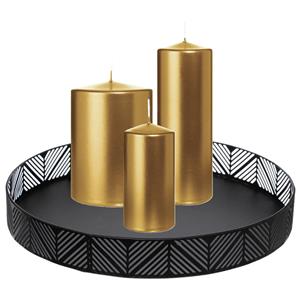 Wiedemann Cilinderkaarsen/stompkaarsen - set van 3 op dienblad - metallic goud - 6 x 12/10x15/7x20 cm -