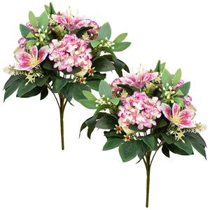 Louis Maes Kunstbloemen boeket roos/hortensia/lelie - 2x - roze/wit - H39 cm - Bloemstuk - Bladgroen -