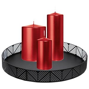 Wiedemann Cilinderkaarsen/stompkaarsen - set van 3 op dienblad - metallic rood - 6 x 12/10x15/7x20 cm -