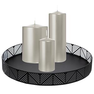 Wiedemann Cilinderkaarsen/stompkaarsen - set van 3 op dienblad - metallic zilver - 6 x 12/10x15/7x20 cm -