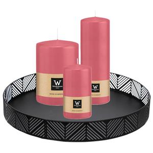 Wiedemann Cilinderkaarsen/stompkaarsen - set van 3 op dienblad - roze - 6 x 12/10x15/7x20 cm -