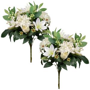 Louis Maes Kunstbloemen boeket roos/hortensia/lelie - 2x - creme/wit - H39 cm - Bloemstuk - Bladgroen -