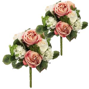 Atmosphera kunstbloemen 2x boeketten wit/roze rozen 35 cm -
