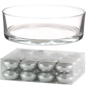 Trend Candles Cadeau set Lage luxe vaas 25 cm met zilveren drijfkaarsen -