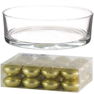 Trend Candles Cadeau set Lage luxe vaas 25 cm met gouden drijfkaarsen -