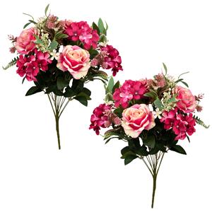 Louis Maes Kunstbloemen boeket rozen met bladgroen - 2x - roze - H52 cm - Bloemstuk -