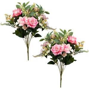 Louis Maes Kunstbloemen boeket rozen/magnolia met bladgroen - 2x - roze - H50 cm - Bloemstuk -