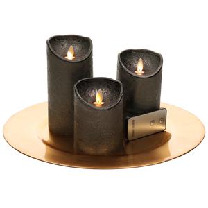 Merkloos Ronde kaarsenplateau goud van kunststof D33 cm met 3 antraciet grijze LED-kaarsen 10/12,5/15 cm -