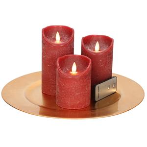 Merkloos Ronde kaarsenplateau goud van kunststof D33 cm met 3 bordeaux rode LED-kaarsen 10/12,5/15 cm -