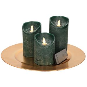 Merkloos Ronde kaarsenplateau goud van kunststof D33 cm met 3 groene LED-kaarsen 10/12,5/15 cm -