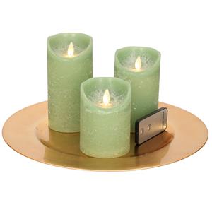 Merkloos Ronde kaarsenplateau goud van kunststof D33 cm met 3 jade groene LED-kaarsen 10/12,5/15 cm -