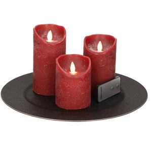 Merkloos Ronde kaarsenplateau zwart van kunststof D33 cm met 3 bordeaux rode LED-kaarsen 10/12,5/15 cm -