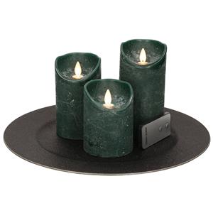 Merkloos Ronde kaarsenplateau zwart van kunststof D33 cm met 3 groene LED-kaarsen 10/12,5/15 cm -