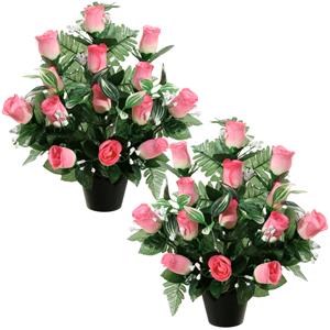 Louis Maes Kunstbloemen plantje rozen/gipskruid in pot - 2x - lichtroze - H35 cm - Bloemstuk - Bladgroen -