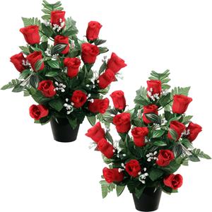 Louis Maes Kunstbloemen plantje rozen/gipskruid in pot - 2x - rood - H35 cm - Bloemstuk - Bladgroen -