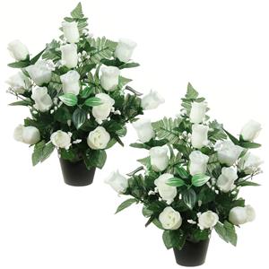 Louis Maes Kunstbloemen plantje rozen/gipskruid in pot - 2x - wit - H35 cm - Bloemstuk - Bladgroen -