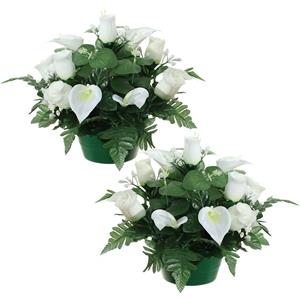 Louis Maes Kunstbloemen plantje in pot - 2x - wit - 26 cm - Bloemstuk ornament - met bladgroen -