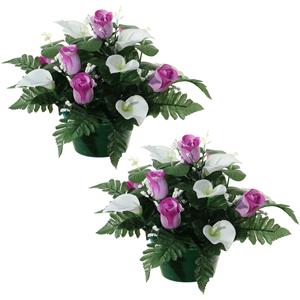 Louis Maes Kunstbloemen plantje in pot - 2x - wit/paars - 26 cm - Bloemstuk ornament - met bladgroen -