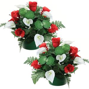 Louis Maes Kunstbloemen plantje in pot - 2x - wit/rood - 26 cm - Bloemstuk ornament - met bladgroen -