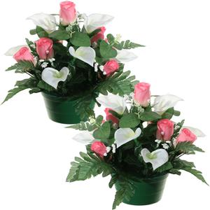 Louis Maes Kunstbloemen plantje in pot - 2x - wit/roze - 26 cm - Bloemstuk ornament - met bladgroen -