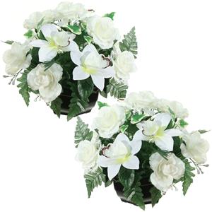 Louis Maes Kunstbloemen plantje orchidee/rozen in pot - 2x - kleuren creme/wit - 25 cm - Bloemstuk - Bladgroen -