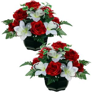 Louis Maes Kunstbloemen plantje orchidee/rozen in pot - 2x - kleuren rood/wit - 25 cm - Bloemstuk - met bladgro -