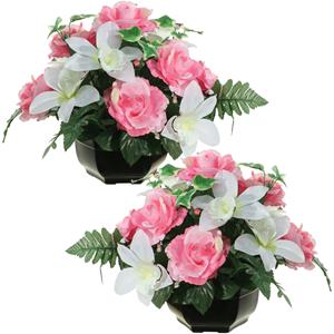 Louis Maes Kunstbloemen plantje orchidee/rozen in pot - 2x - kleuren roze/wit - 25 cm - Bloemstuk - bladgroen -