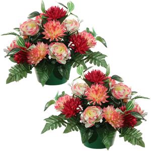 Louis Maes Kunstbloemen plantje ranonkels/asters in pot - 2x - multi kleuren - 25 cm - Bloemstuk - Bladgroen -