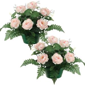 Louis Maes Kunstbloemen plantje rozen in pot - 2x - lichtroze - 25 cm - Bloemstuk ornament - met bladgroen -