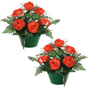Louis Maes Kunstbloemen plantje rozen in pot - 2x - rood - 25 cm - Bloemstuk ornament - met bladgroen -