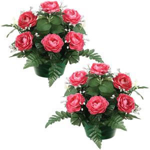 Louis Maes Kunstbloemen plantje rozen in pot - 2x - roze - 25 cm - Bloemstuk ornament - met bladgroen -